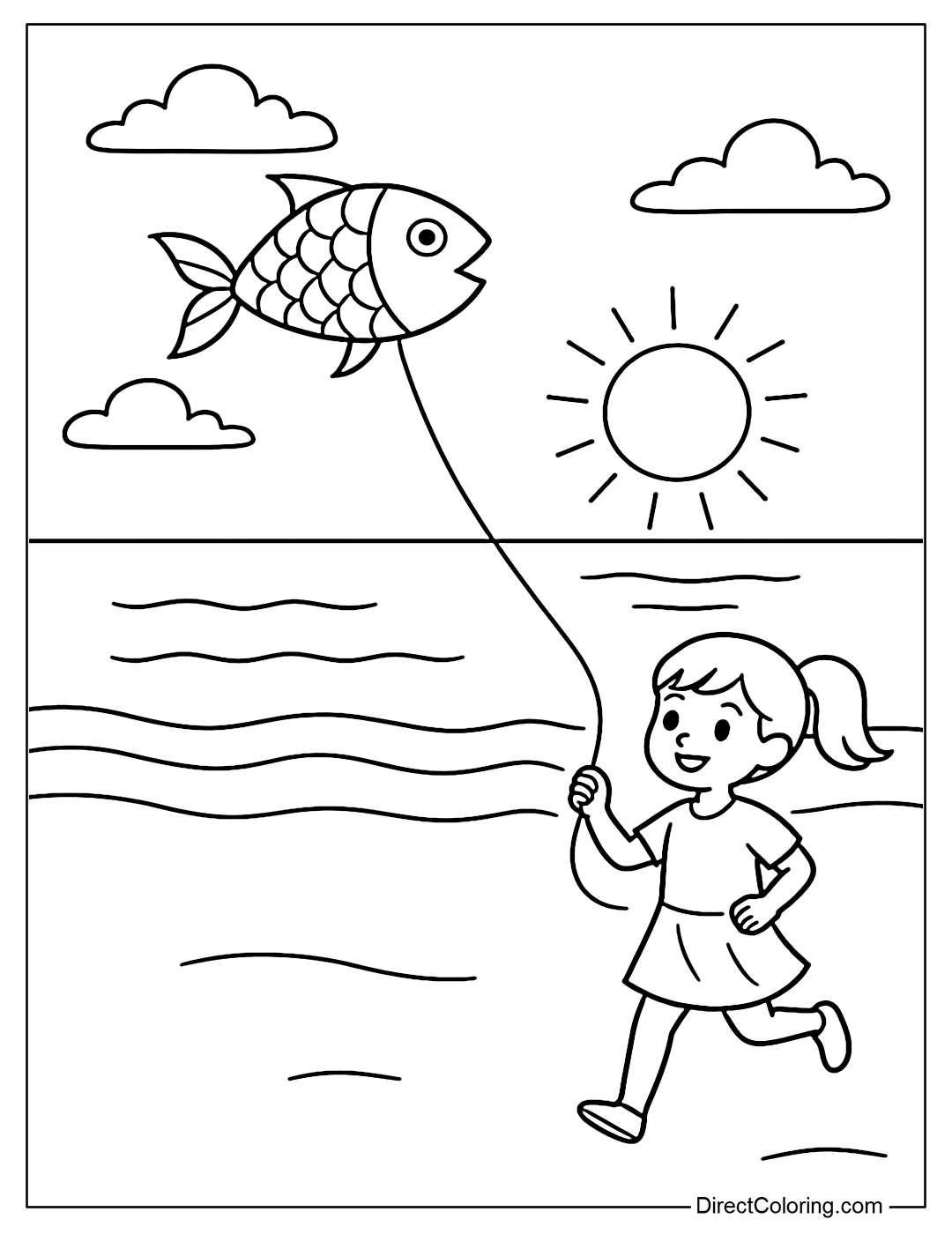 Coloring page of a girl flying a kite on the beach, fine sand, gentle waves and a fish-shaped kite.